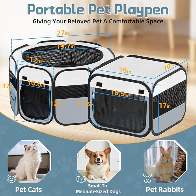 Portable Pet Cat Playpen, Foldable Dog Playpen for Indoor and Outdoor Use, Two in One Pet Playpen for Puppies Medium-Sized Dogs Kittens Travel Camping Use, Cat Tent & Houses