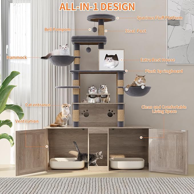 Cat Tree with 2 Litter Box Enclosures, All-in-One Cat Tower, Cat Condo with Sisal Scratching Posts, Hammocks, Detachable Plush Ball, Wooden Cat Furniture with Large Platforms, Grey