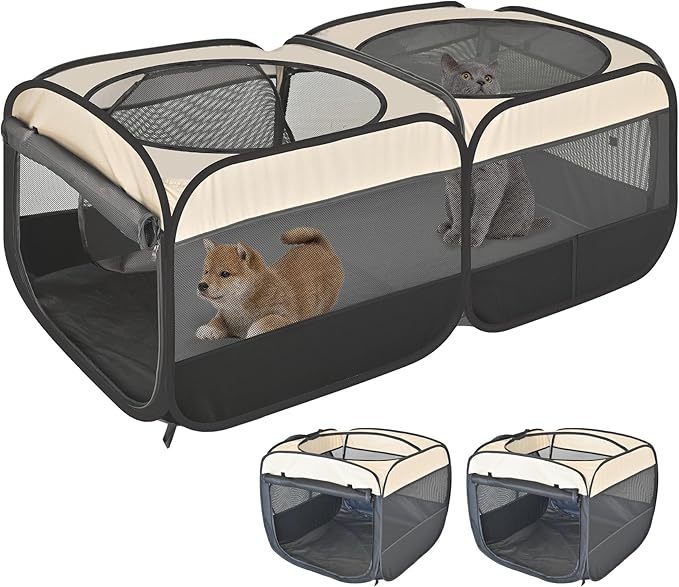 2-in-1 Pop Up Cat Playpen, Detachable into 2 Separate Pens with Additional Doors, Assembly-Free Portable Dog Crates Pet Pen Tent Kennel Kitten Puppy Enclosure Cage Indoor Outdoor Foldable Condo(S)