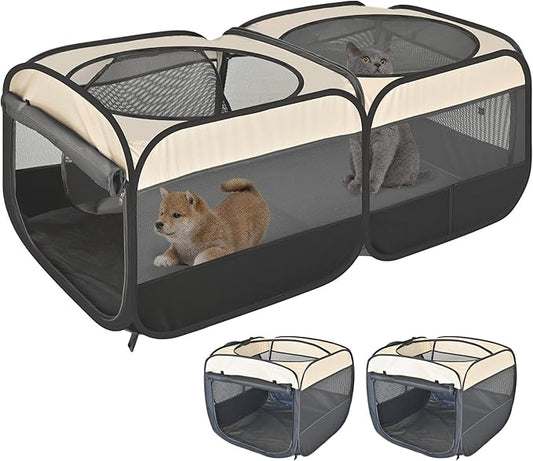 2-in-1 Pop Up Cat Playpen, Detachable into 2 Separate Pens with Additional Doors, Assembly-Free Portable Dog Crates Pet Pen Tent Kennel Kitten Puppy Enclosure Cage Indoor Outdoor Foldable Condo(S)