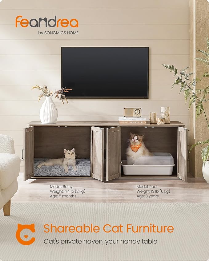 Feandrea Double Cat Litter Box Enclosure, Modern Litter Box Furniture Hidden for 2 Cats, Front Entry, Cat House, Side End Table, TV Stand, 59 x 19 x 19.5 Inches, Heather Griege UPCL010G01