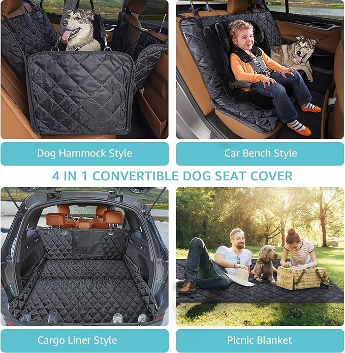 Dog Car Seat Cover for Back Seat | Mesh Window & Safety Belt | 100% Waterproof Dog Hammock for Safe Travel with Side Door Protectors | Non-Slip, Scratchproof Pet Rear Seat Cover for Car, SUV,Truck