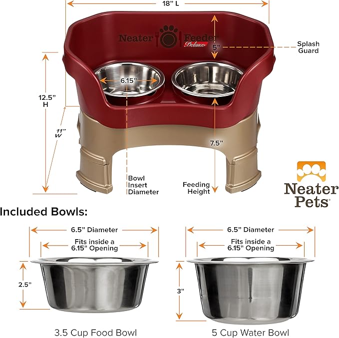 Neater Feeder Deluxe Mess Proof Dog Bowls Elevated Medium Sized Dogs (19-40 lbs) Made in USA, No Spill Raised Dog Food Bowl Stand w/Leg Extension, Stainless Steel Food and Water Bowl Set, Cranberry