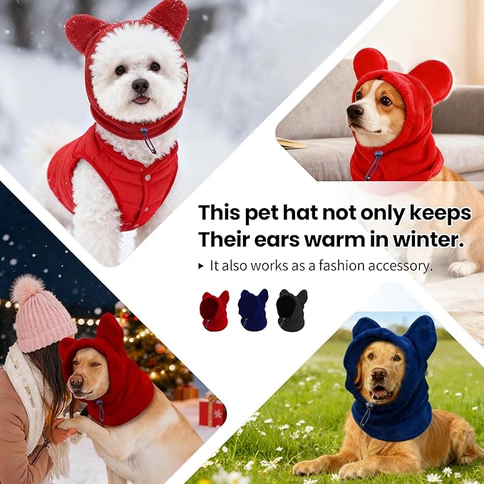 Warm Hooded Hat for Dogs & Cats, Autumn/Winter Wool Pet Headwear with Cute Ears, Adjustable Pet Scarf for Cold Days, Soft Neck Warmer for Small/Medium/Large Pets (Blue, Large)