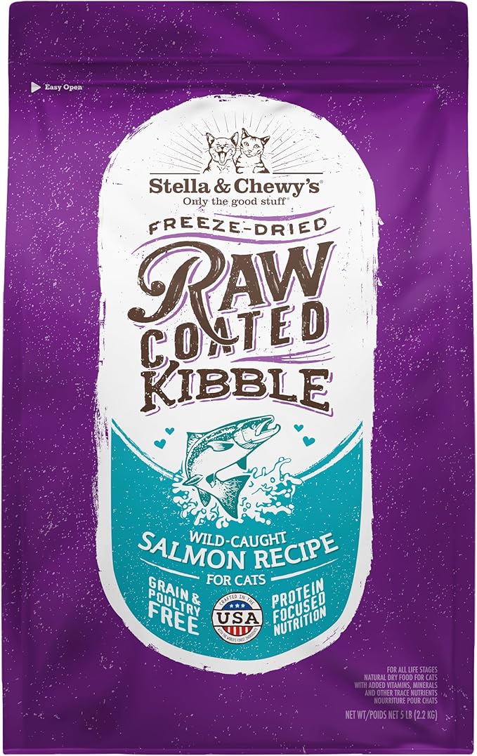 Stella & Chewy's Raw Coated Cat Food - High Protein, Grain-Free Kibble with Wild-Caught Salmon - Premium Digestive Support with Probiotics - Natural Small Kibble - Perfect For Picky Eaters - 5 lb Bag