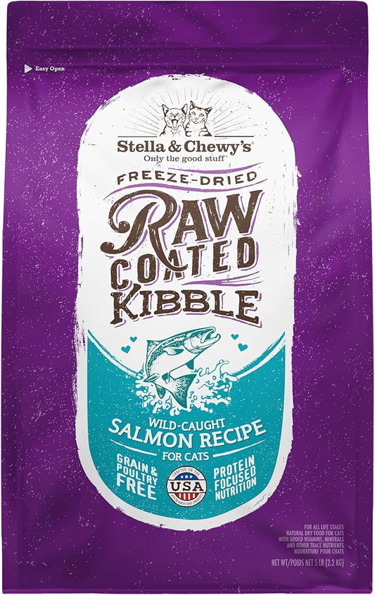 Stella & Chewy's Raw Coated Cat Food - High Protein, Grain-Free Kibble with Wild-Caught Salmon - Premium Digestive Support with Probiotics - Natural Small Kibble - Perfect For Picky Eaters - 5 lb Bag
