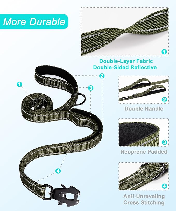 GEIT 4/5/6FT Heavy Duty Dog Leash with 2 Comfortable Padded Handles, Reflective Rope Leashes with Quick Release/Locking Tactical Frog Clip for Small Medium and Large Dogs, Army Green