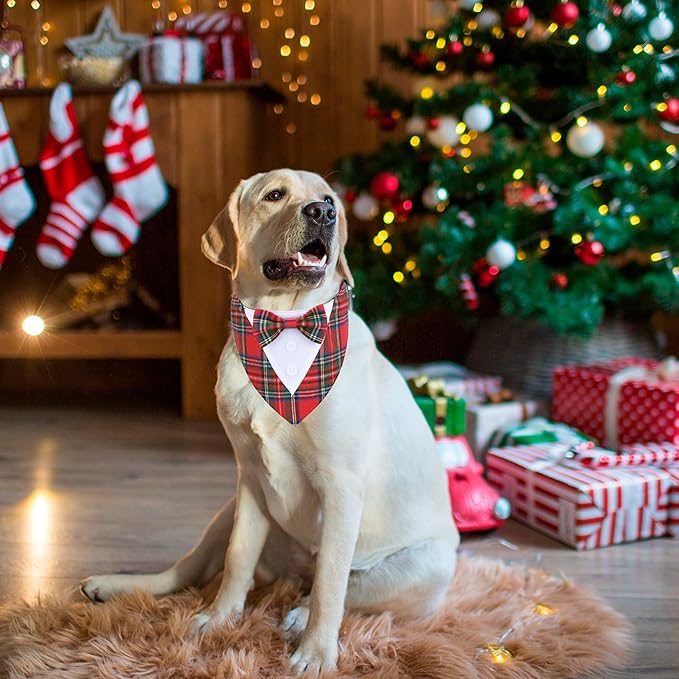 ADOGGYGO Christmas Dog Tuxedo Bandana, Red Plaid Pet Chritstmas Collar with Bowtie, Adjustable Christmas Costume for Large Dogs Pets (L)