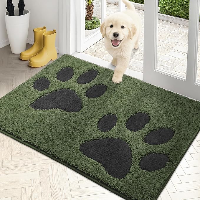 PURRUGS Dirt Trapping Door Mat 24" x 35.5", Non-Skid/Slip Machine Washable Microfiber Entryway Rug, Dog Doormat, Super Absorbent Welcome Mat for Muddy Wet Shoes and Paws, Green