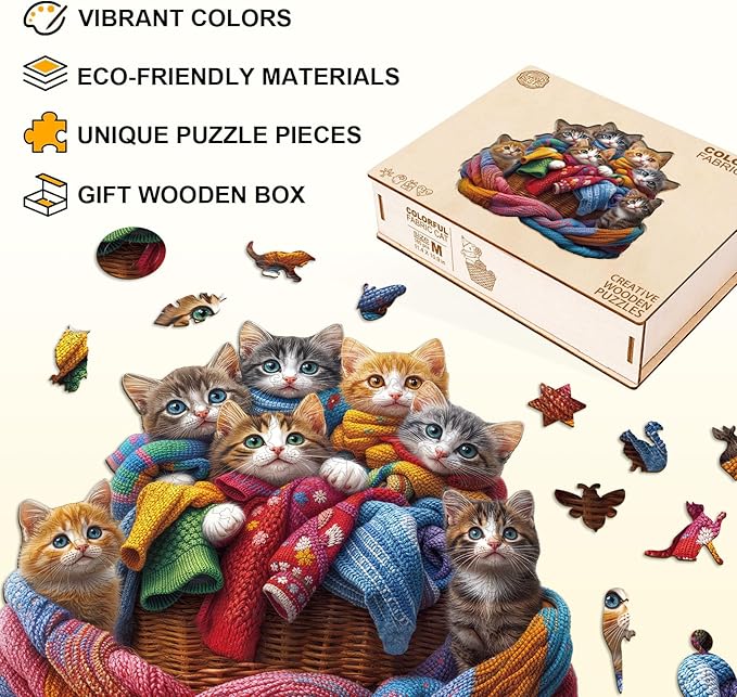 KAAYEE Wooden Puzzles for Adults, Colorful Fabric Cat 185 Piece Unique Animal Shape Puzzle, Cat Wood Puzzle for Adults, Creative Gifts for Friends/Family(11.4 * 10.9in)