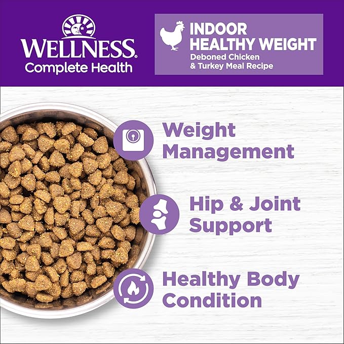 Wellness Complete Health Adult Dry Cat Food for Indoor Cats, Grain Free, Natural, Healthy Weight Chicken & Turkey Meal (11.5 Pound Bag)