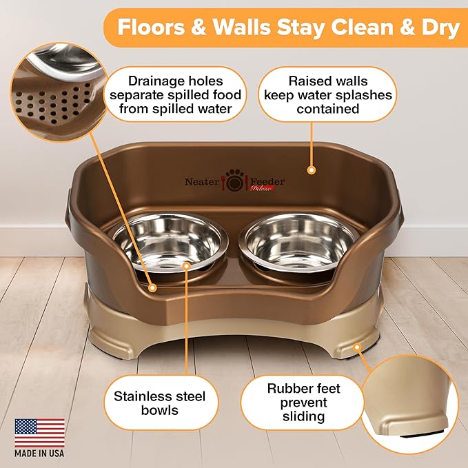 Neater Pet Brands Neater Feeder Deluxe Mess Proof Dog Bowls Elevated for Small Dogs Under 19 lbs, Made in USA, No Spill Raised Dog Food Bowl Stand Feeding Station, Food and Water Bowl Set, Bronze