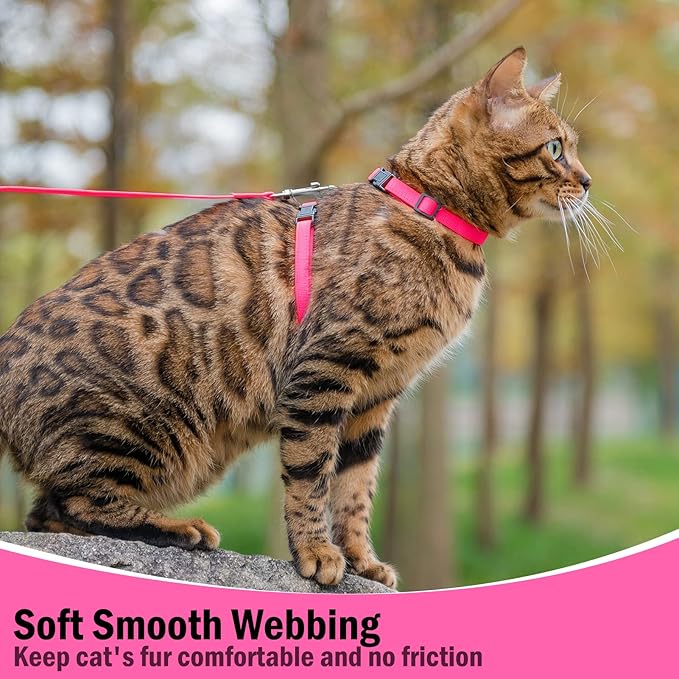 PUPTECK Adjustable Cat Harness and Leash Set Escape Proof Kitten Strap Collar for Walking Travel, Hot Pink