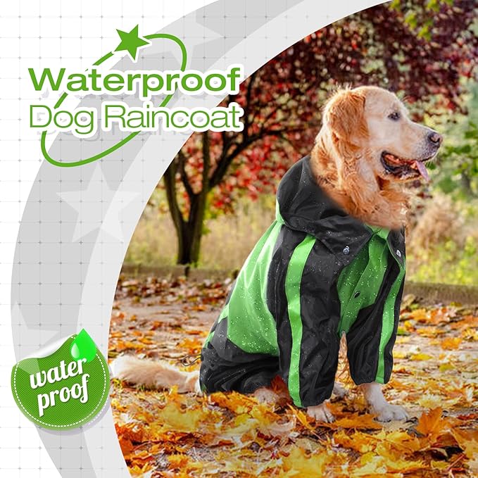 Dog Raincoat, Lightweight Rain Jacket, Adjustable 4-Legs Pet Poncho with Hood, Snow-Proof Dog Vest Rainwear, Rain Clothes Apparel with Leash Hole