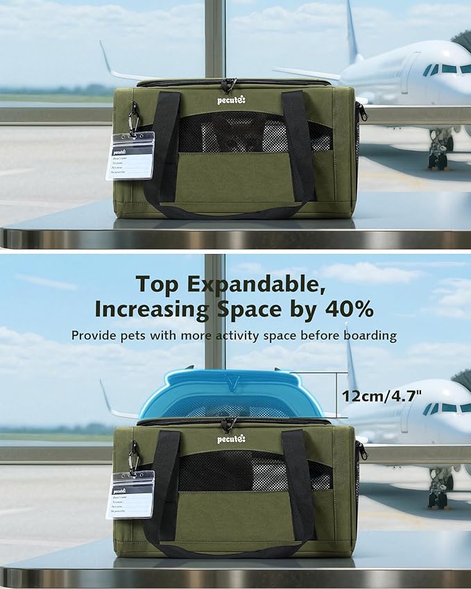 Pecute Expandable Pet Carrier Airline Approved Dog Cat Carrier, Breathable Soft-Sided with Locking Zippers, Pet Travel Bag for Small Dog Cat Leakproof Pee Pad (Dark Green)