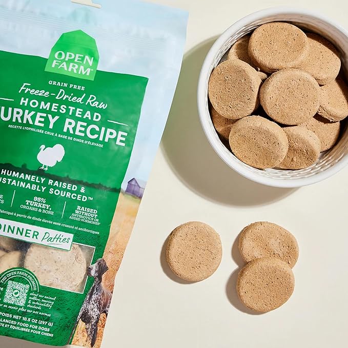 Open Farm, Freeze Dried Raw Dog Food, Patties with 95% Meat, Organs & Bone, Complete Meal or Freeze Dried Dog Food Mixer, Turkey Recipe, 10.5oz Bag