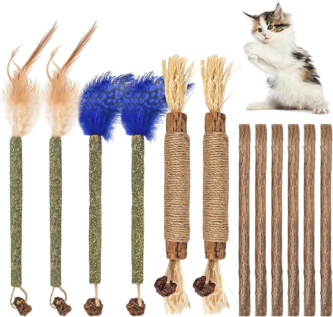 Bissap 12 PCS Silvervine Chew Sticks for Cats, Catnip Chew Sticks Cat Toys for Indoor Cat Kitten Teeth Grinding Interactive Feather Toys for Aggressive Chewers Dental Care