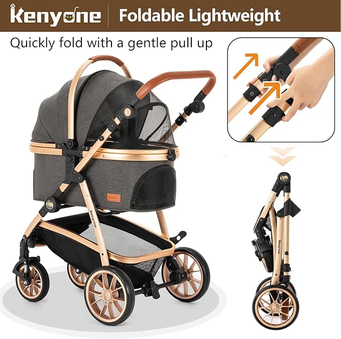 Kenyone Pet Stroller 3 in 1 for Medium Small Size Dogs Luxury Large Cat Stroller Detachable Carrier for Puppy, Kitty, Doggie (C510L Dark Gray)