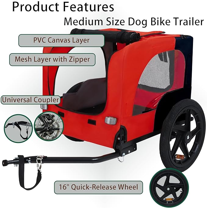 Collapsible Dog Bike Trailer for Small & Medium Pets - 16" All-Terrain Wheels, Universal Hitch, Quick Release & Non-Slip Floor - Internal Leash, Bicycle Accessories