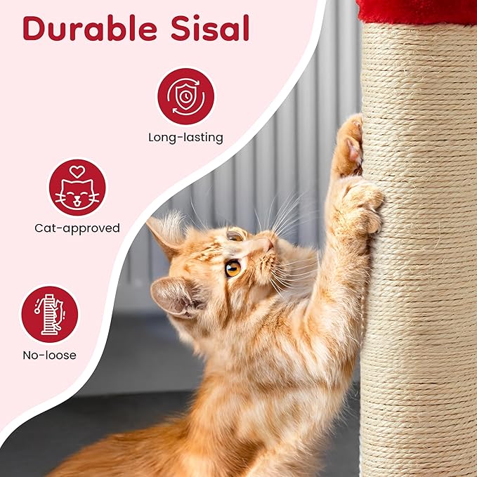 22" Cat Scratching Post, Sisal Cat Scratcher with Interactive Hanging Toy, Monster Scratch Pole for Indoor Cats, Cute Cat Scratch Post for Kittens & Large Cats, Red