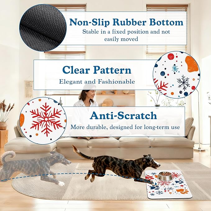 Chirstmas Snowflake Paw Pet Food Mat for Cats and Dogs–Absorbent Quick Dry Feeding Placemat, Non Slip Rubber Base, Waterproof Bowl Mat for Indoor Use, Pet Supplies 12"x20"