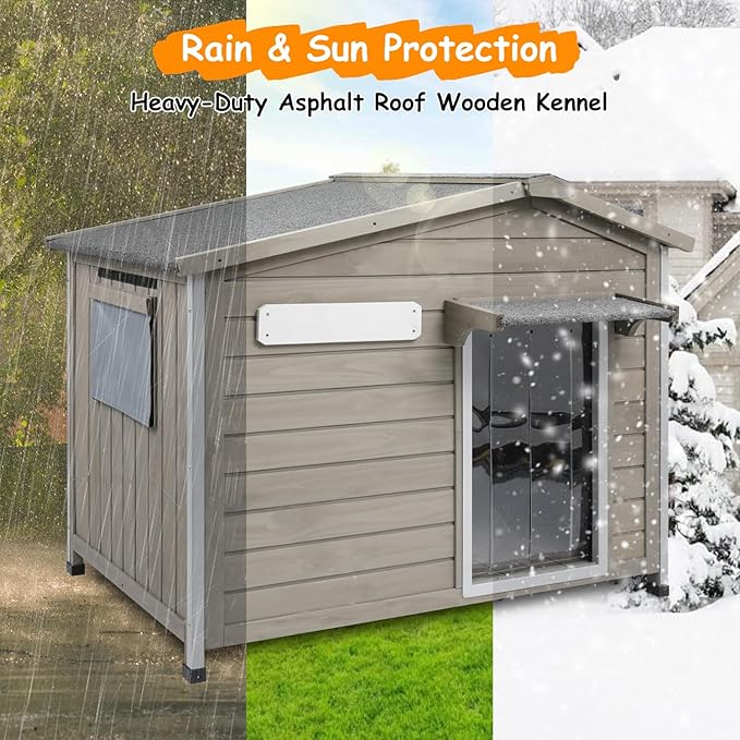 Large Outdoor Dog House Waterproof for Small to Large Sized Dogs with Openable Asphalt Roof, Anti-Chewing Iron Frame, Window, Weatherproof Indoor Outside Kennel Puppy Shelter (40" L*26.4" W*33.5" H)