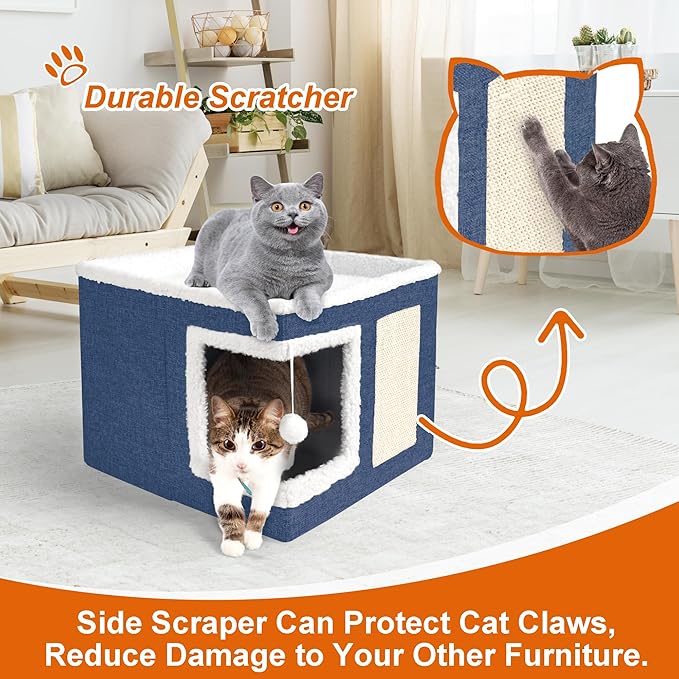 Cat Houses for Indoor Cats - Large Cat Bed Cave with Scratch Pad and Fluffy Ball, Foldable Cat Condo Hideaway with Reversible Cushion for Multi Small Pet, Navy Blue