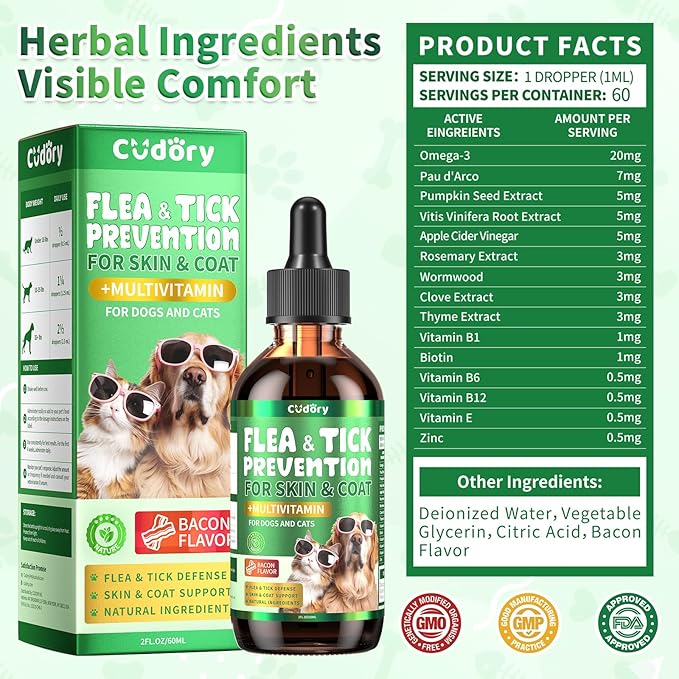 Oral Flea & Tick Prevention for Dogs and Cats, Natural Flea and Tick Defense Drops with Multivitamin for Pets - Supports Healthy Skin & Coat - Flea Herbal Drops All Breeds and Sizes - Bacon Flavor