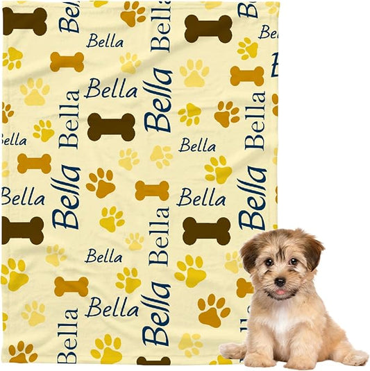 Custom Pet Name Blanket Personalized Dogs Customized Puppy ,Dog Gift for Dog Lovers Mom Dad Cute Paw Prints Soft Flannel Throw Bed Sofa Travel Extra Small 40''x30''