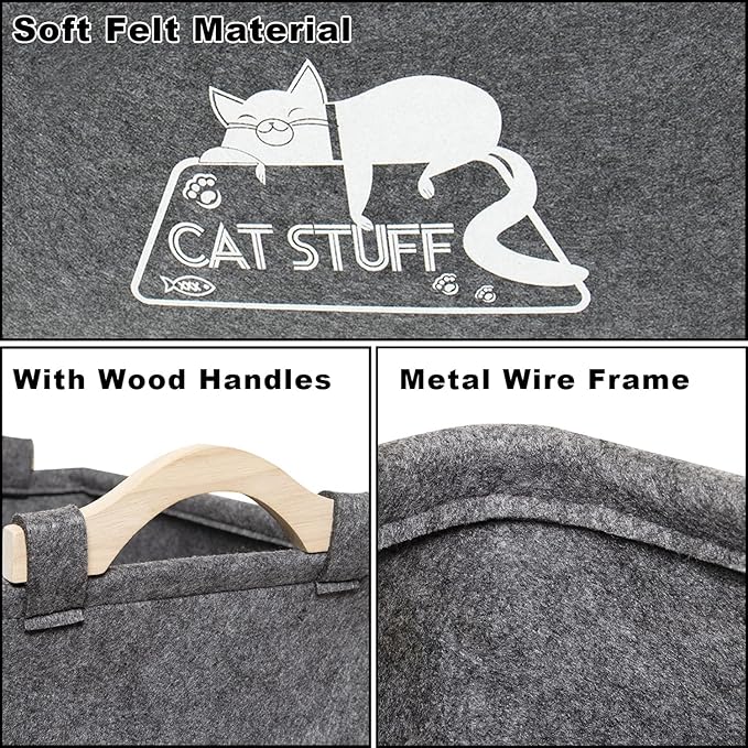 Cat Toy Box, Cat Toy Storage Basket with Handles, Felt Pet Toy Basket Pet Supplies Storage Bin, Perfect for Organizing Cat Toys and Accessories