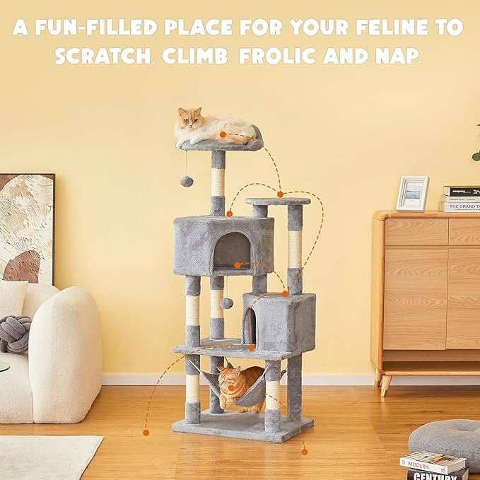 Cat Tree for Indoor Cats - Tall Multi-Level Cat Tower with Condos, Sisal Scratching Posts and Hammock, Top Perch with Dangling Toys for Large Cats and Kittens, Light Grey