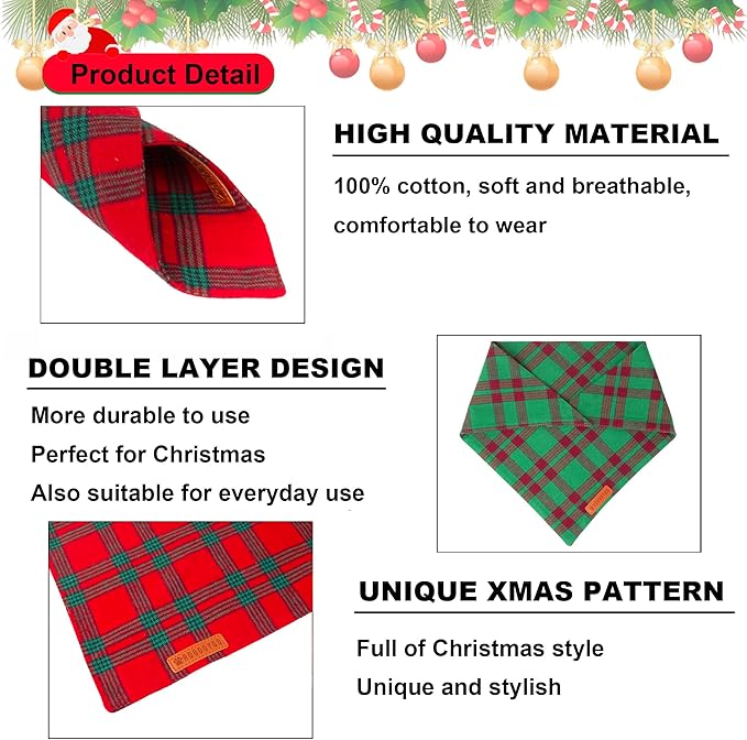 ADOGGYGO Christmas Dog Bandanas 2 Pack, Red Green Plaid Pet Xmas Scarf Bib, Multiple Sizes, Christmas Bandanas for Small Dogs (Small)