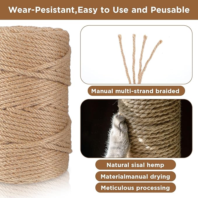 328FT/100M Sisal Rope for Cat Scratcher, 6mm Cat Scratching Sisal Rope Jute Ropes for Scratch Posts, Cat-Trees, DIY Projects, Twine Ropes for Cats Scratching Post