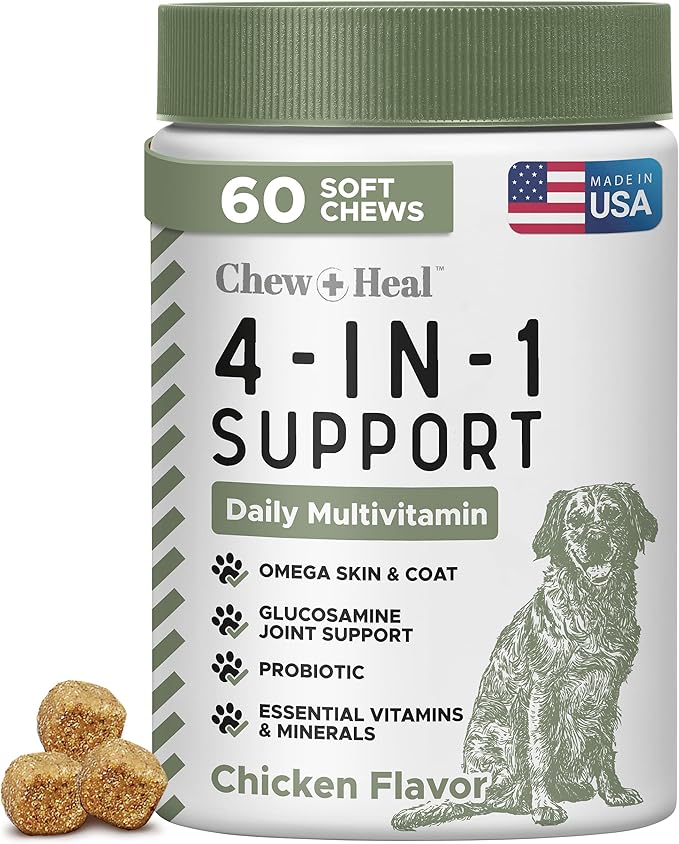 All in 1 Dog Vitamins and Supplements, 60 Soft Chew Multivitamins with Glucosamine, Probiotics, Omega Fish Oil -for Skin, Coat, Hip, Joint & Gut Health -Senior, Puppy, Large & Small Dogs