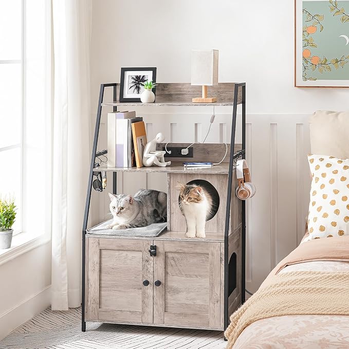 HOOBRO Litter Box Enclosure with 2 Storage Shelves, Tall Litter Box Furniture Hidden with Charging Station, Indoor Hidden Litter Box Furniture with Plush Mat, Greige BG70UMW01