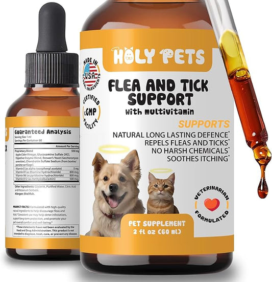 Flea & Tick Oral Drops for Dogs & Cats – Natural Herbal Supplement with B Vitamins – 2 oz, 60 Servings – Safe for All Breeds – Made in USA