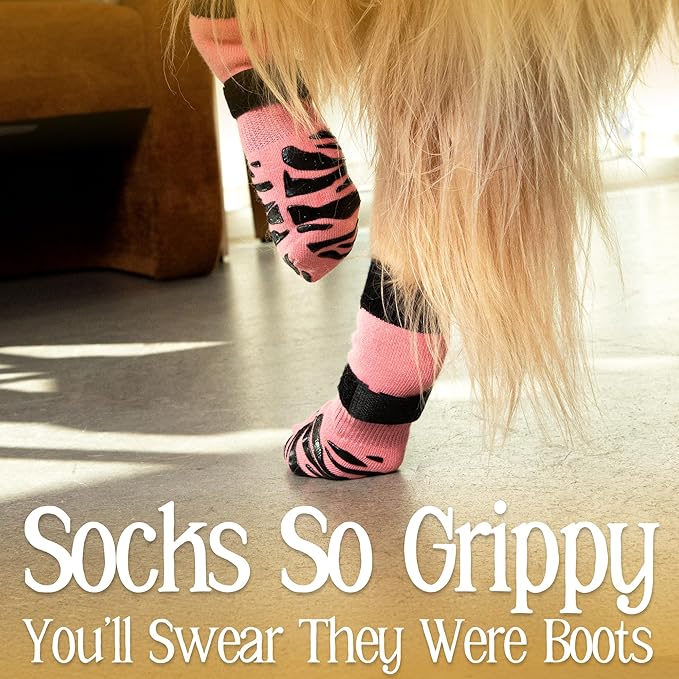 DOK TigerToes Premium Non-Slip Dog Socks for Hardwood Floors - Extra-Thick Grip That Works Even When Twisted - Prevents Licking, Slipping, and Great for Dog Paw Protection (Sassy Pink, Large)