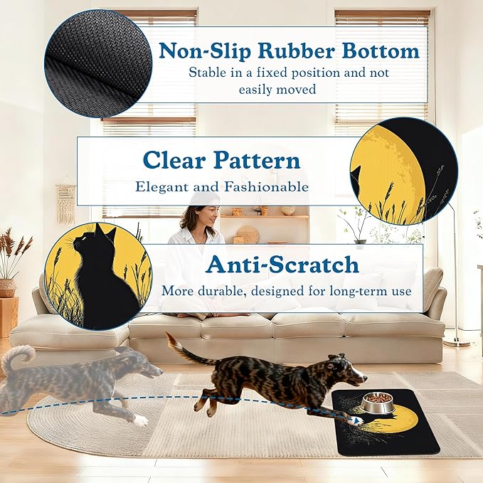 Giner Cat Moon Pet Food Mat for Cats and Dogs–Absorbent Quick Dry Feeding Placemat, Non Slip Rubber Base, Waterproof Bowl Mat for Indoor Use, Pet Supplies 12"x20"