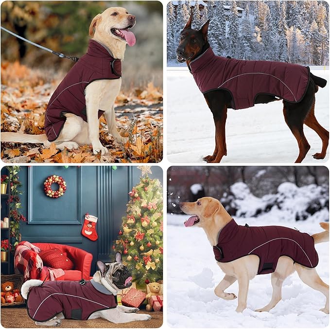 LIANZIMAU Dog Winter Coat with D Ring Leash Built in Waterproof Windproof Reflective Warm Winter Jacket Adjustable Tail Insulated Apparel for Dogs