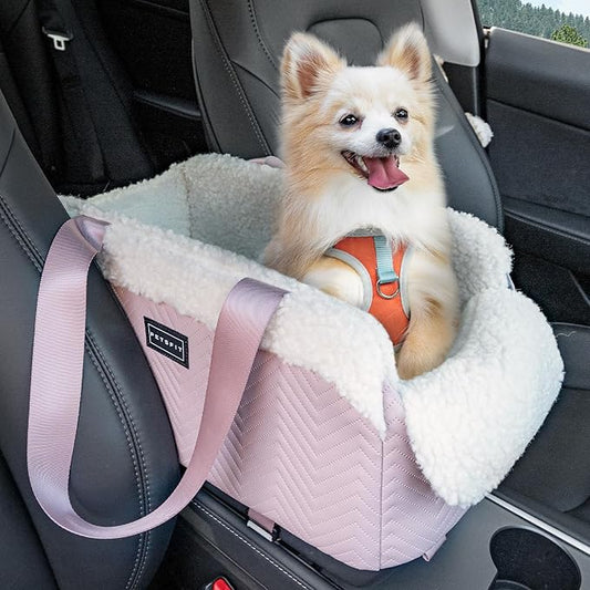 PETSFIT Cat Car Seat, Portable Console Dog Car Seat with Safe Protective Hooks, Luxury Pet Car Seat Includes Safety Leash and Storage Pocket for Pets Up to 9 lbs (Pink)