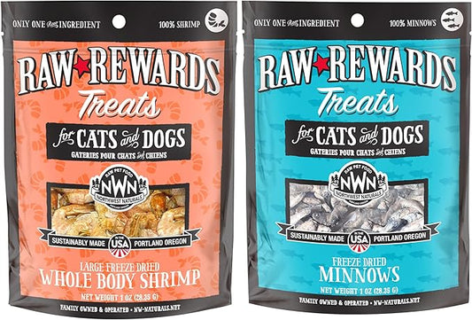 Northwest Naturals Raw Rewards Freeze-Dried Treats - Shrimp (1 oz) & Minnows (1 oz) Treats for Dogs & Cats - Healthy, 1 Ingredient, Human Grade Ingredients, All Natural