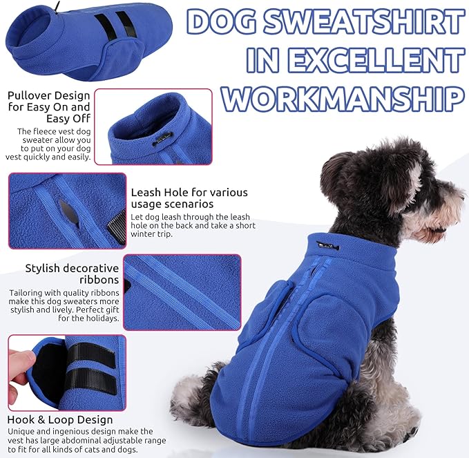Queenmore Soft Fleece Dog Jacket, Warm Winter Coats with Leash Hole, Dachshund Sweaters for Small Dogs Cats Boy or Girl (Blue, L)