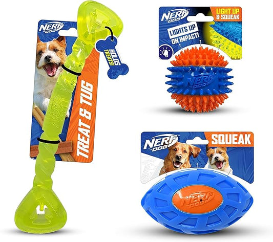 Nerf Dog Toy Gift Set, 3-Piece Set of Outdoor Dog Toys for Tug and Fetch, Includes Spike Squeak Ball, Treat Tug Bone and Exo Squeak Football