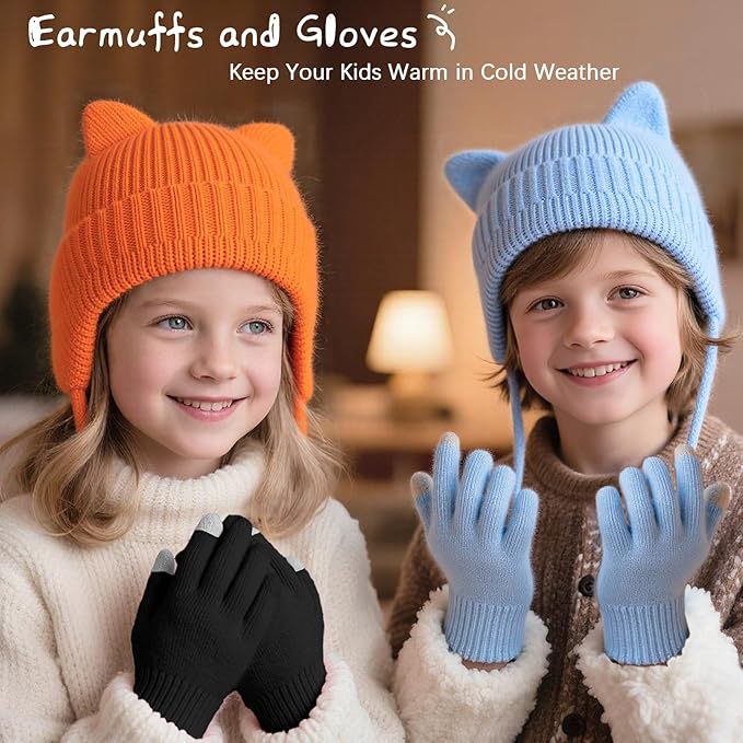 ZOORON Kids Winter Hat for Boys Girls, Cat Beanie Children Knit Skull Cap with Warm Ear Flap, Teen Beanie Hat Age 5-15 Years