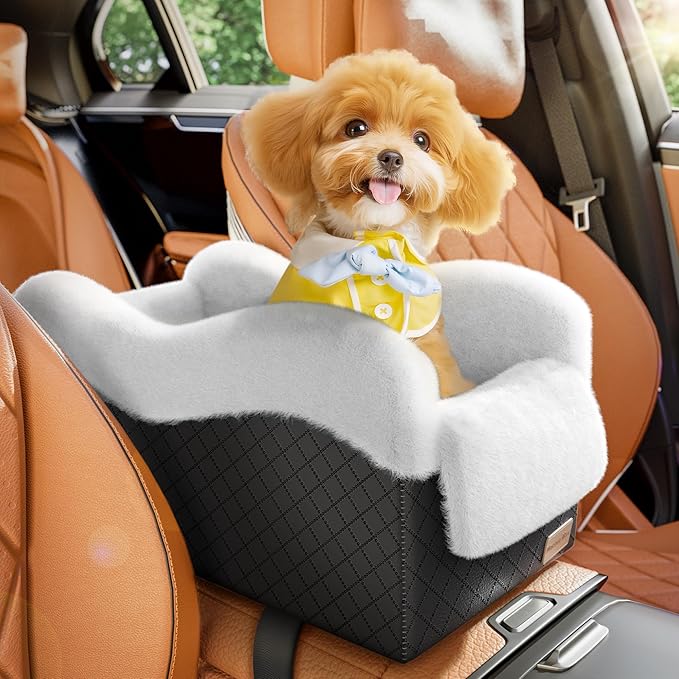 Portable Small Dog Seat for Car, Luxury Center Console Dog Car Seat Booster with Safety Tethers, Anti-Collapse Pet Travel Carseat for SUV, Truck (Black/White)