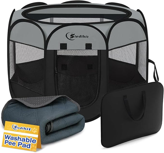 Dog Cat Playpen with Washable Pee Pad, Puppy Pet Playpen Indoor for Small Dog Crate Tent Cage Outdoor, Portable Pop Up Dogs Enclosure Kennel with Carrying Case,Dark Grey