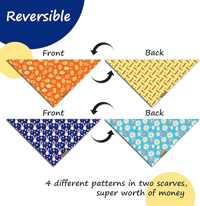 Easter Dog Bandanas 2 Pack, 4 Pattern Reversible Holiday Bandana for Boy and Girl, Premium Durable Fabric, Spring Triangle Scarf for Small to Medium Breed Dogs (Small)