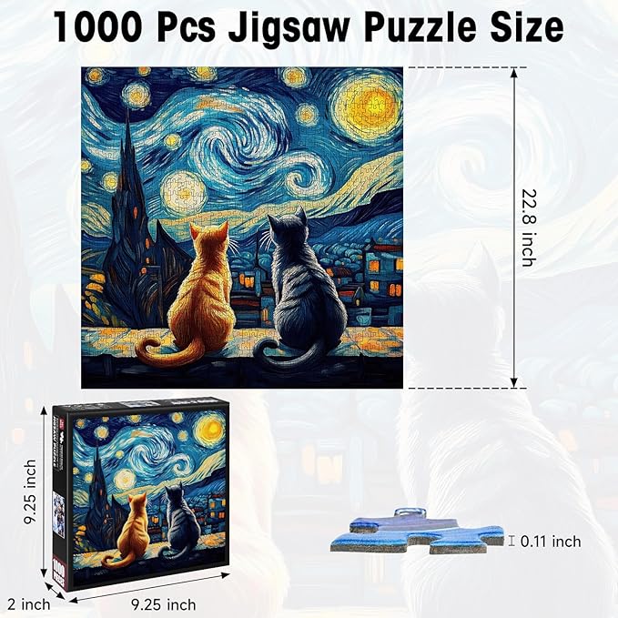 Cat Jigsaw Puzzle 1000 Pieces for Adults – Van Gogh Starry Night Art Puzzles, Difficult 1000 Piece Puzzle with Letters on Back, Premium Chunky Paper Fit, Gift for Game Night, Travel, Birthday