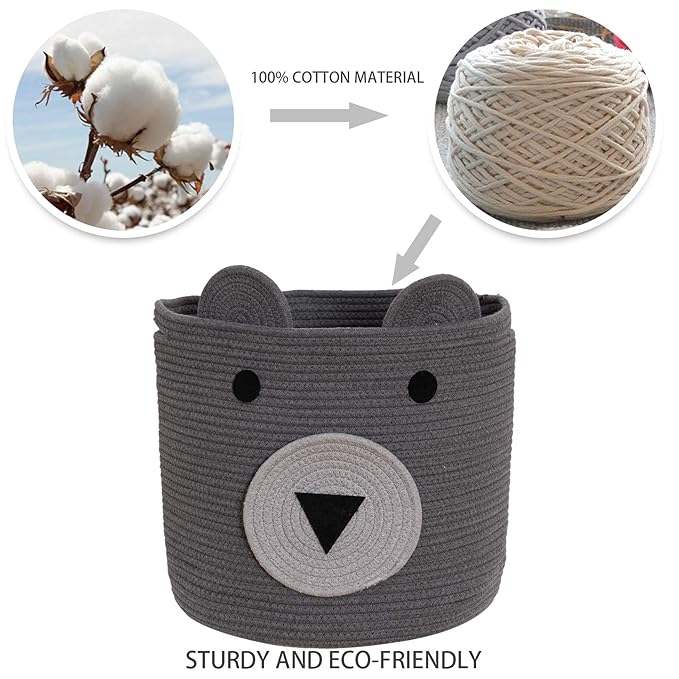 VK VK·LIVING Cotton Rope Bear Animal Basket Foldable Large Woven Storage Basket Baby Nursery Cute Laundry Hamper for Toys, Blanket, Clothes in Bedroom Living Room Toy Box for Baby 14x14 Grey