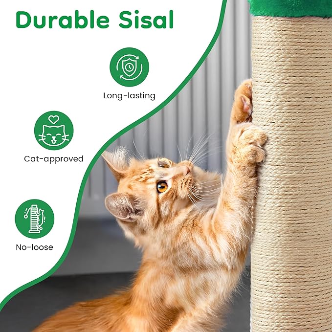 Indoor Cat Scratching Post: 22 in Tall Cat Scratcher with Natural Sisal Rope, Cute Monster Design Kitty Pet Tower with Sturdy Wood Base, Great Gift for Small and Large Kittens, Green